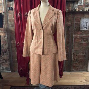 Carolina Herrera Vintage Plaid Skirt Suit Set Linen Wool Blend Blazer Size 6